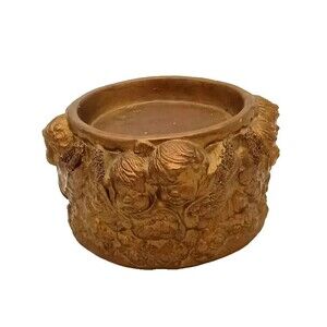 Vtg French Country Cherubs Raised Relief Ceramic 9" Round Candle Holder/Riser